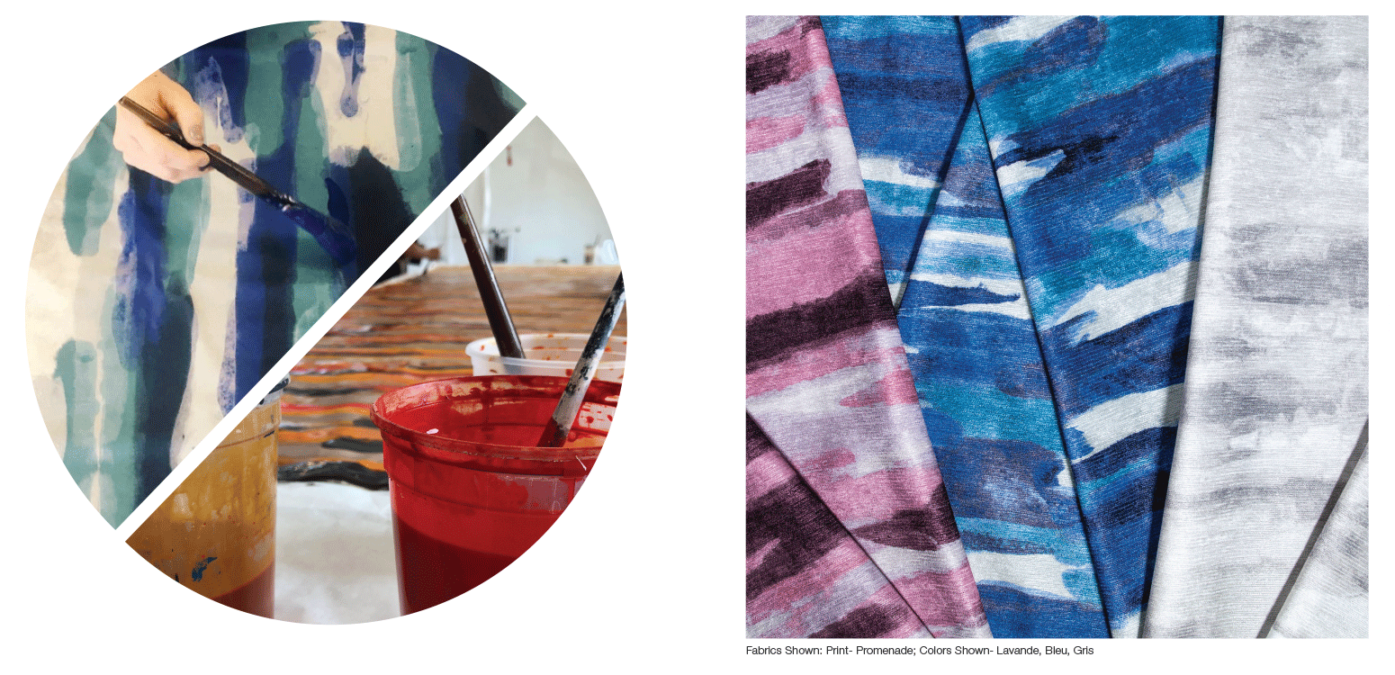 Fabrics Shown: Print - Promenade. Colors Shown: Lavande, Bleu, Gris.