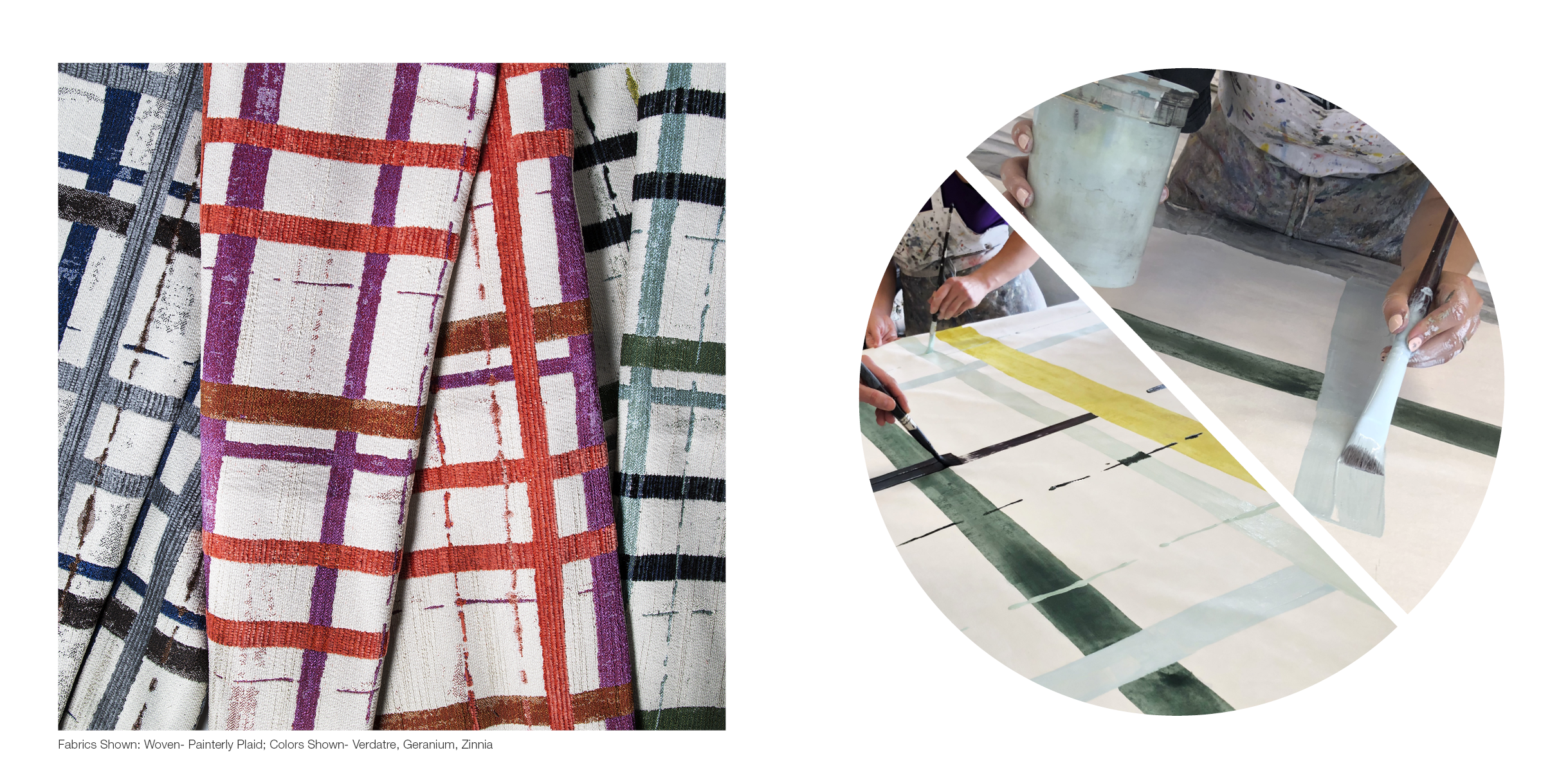 Fabrics Shown: Woven - Painterly Plaid. Colors Shown: Verdatre, Geranium, Zinnia.